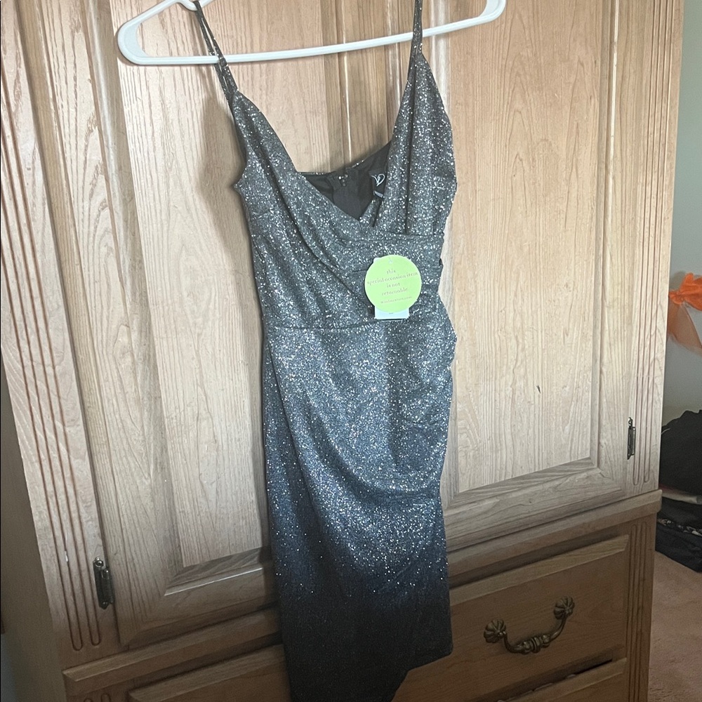 Windsor Black Sparkle Cowl Midi Dress with Spaghetti Straps